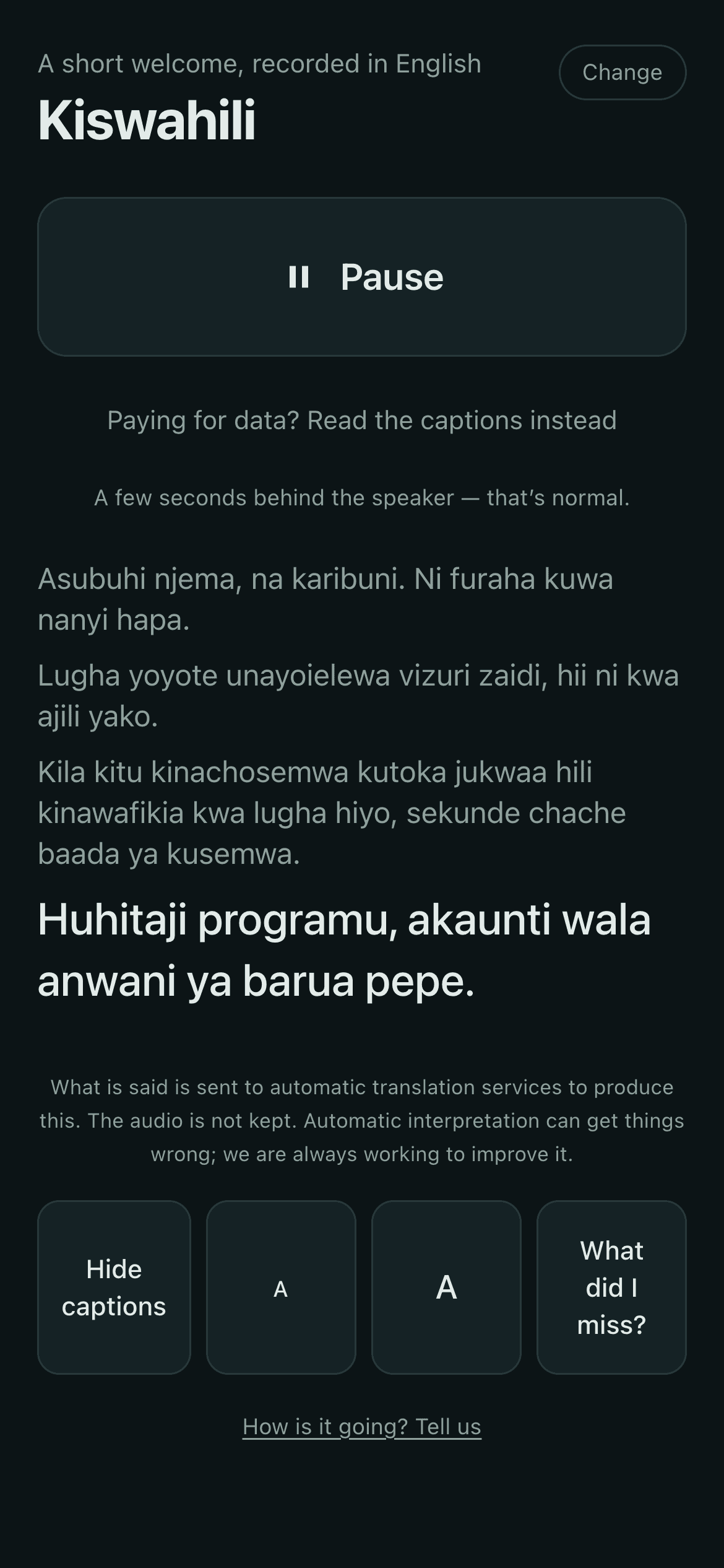 The same phone listening in Kiswahili, with live captions of what the speaker just said.