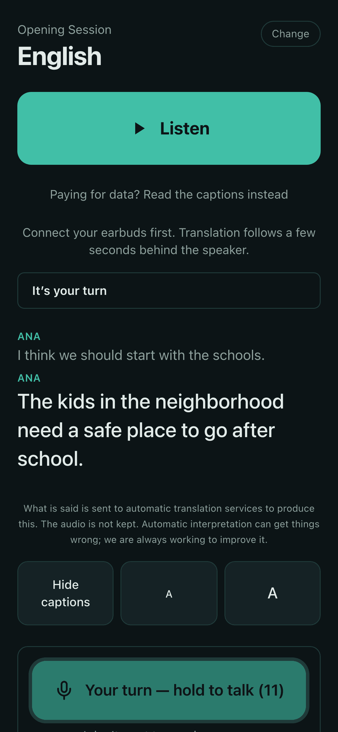 A listener reads a Portuguese speaker in English, with their own turn to speak next